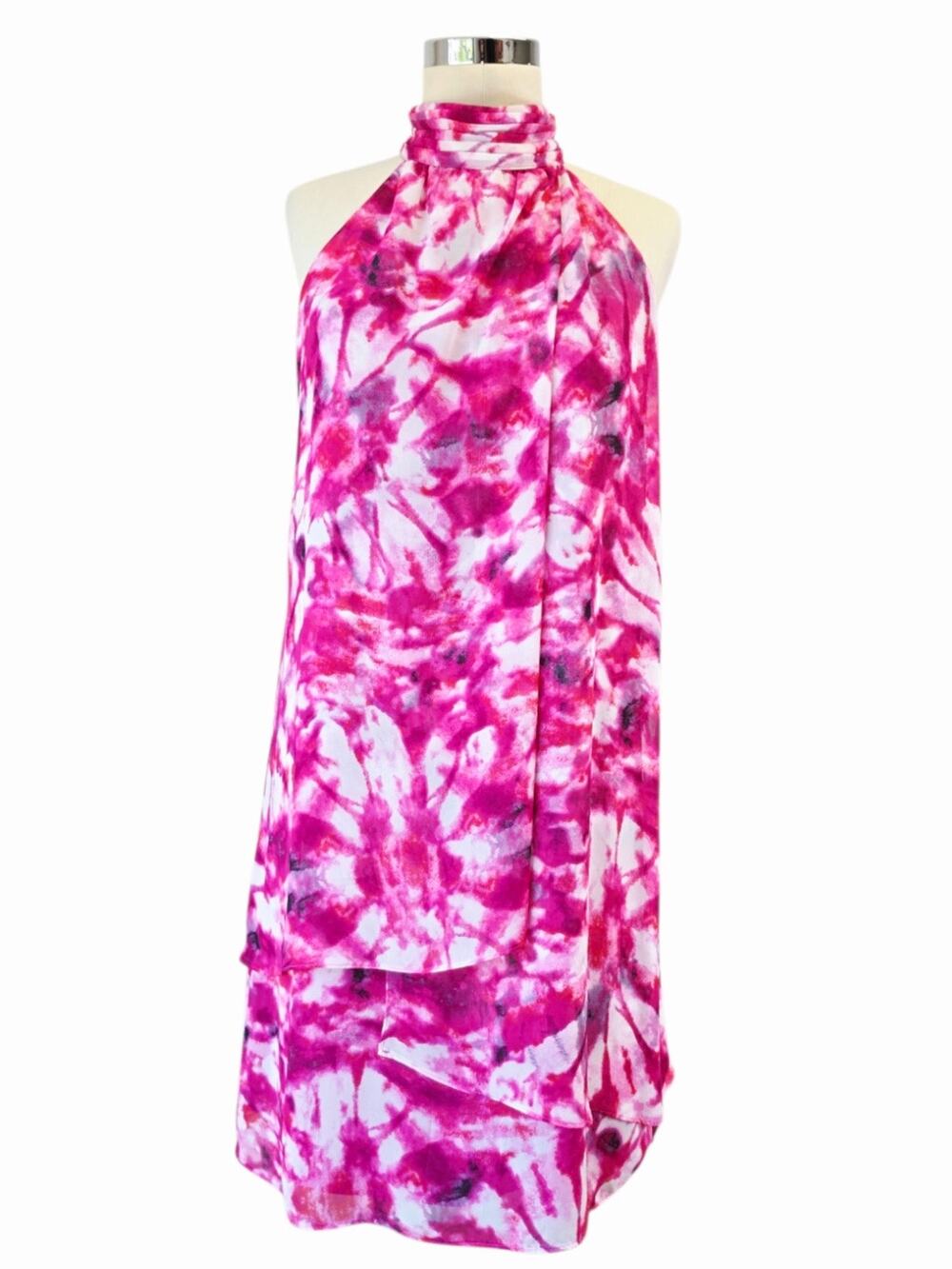 London Times Pink Floral Crossover Halter Faux Wrap Midi Dress 6 Wedding Resort